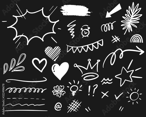Hand drawn set elements, white on black background. Arrow, heart, love, speech bubble, star, leaf, sun,light,check marks ,crown, king, queen,Swishes, swoops, emphasis ,swirl, for concept.