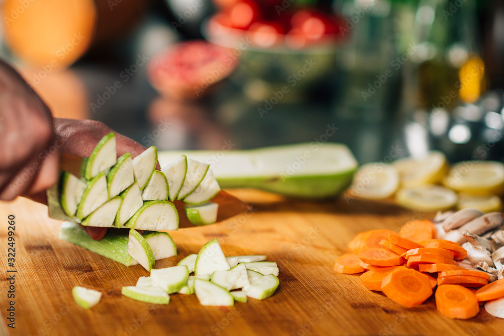 Cutting Fresh Zucchini - Preparing Vegan Meal Cutting Fresh Zucchini - Preparing Vegan Meal