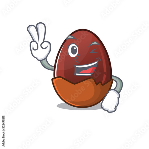 mascot of funny chocolate egg cartoon Character with two fingers