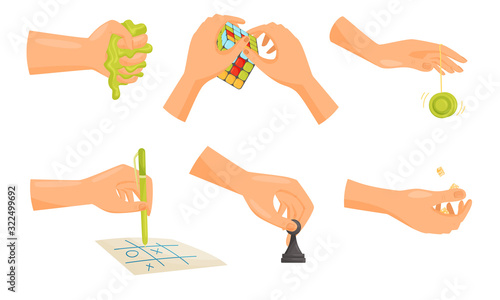 Human Hands Playing Different Games Like Hungarian Cube and Chess Vector Set