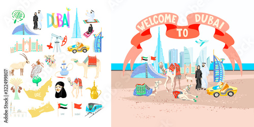 welcome to Dubai poster with set of hand drawing symbols icons of Dubai