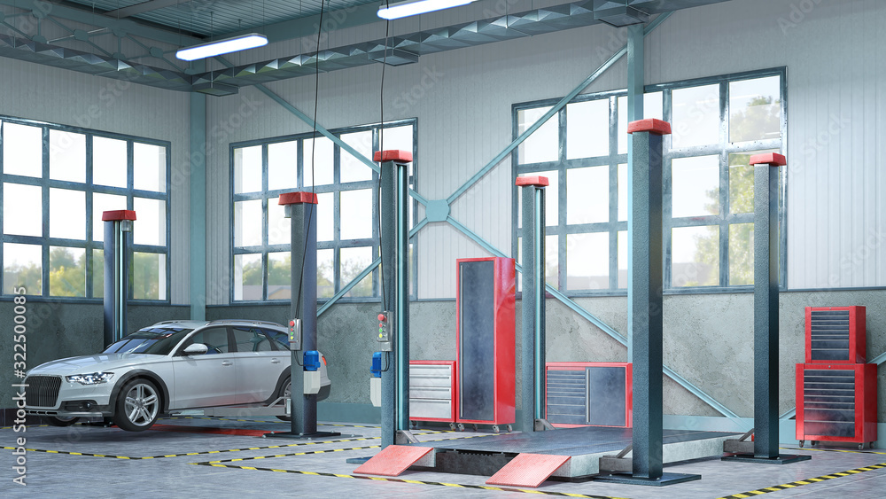 Garage interior with car lift. 3d illustration Stock Illustration ...