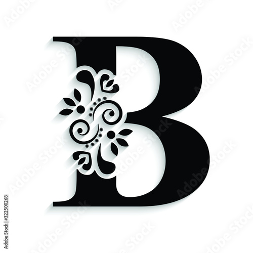 letter B. Black flower alphabet.  Beautiful capital letter with shadow