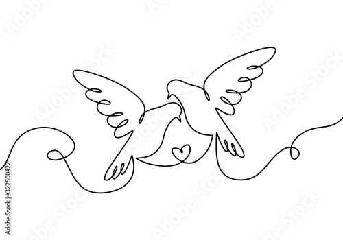 Couple of bird in love. One continuous line drawing, two flying dove birds. Minimalism Pigeon vector illustration, Good for poster, logo, emblem, and banner.