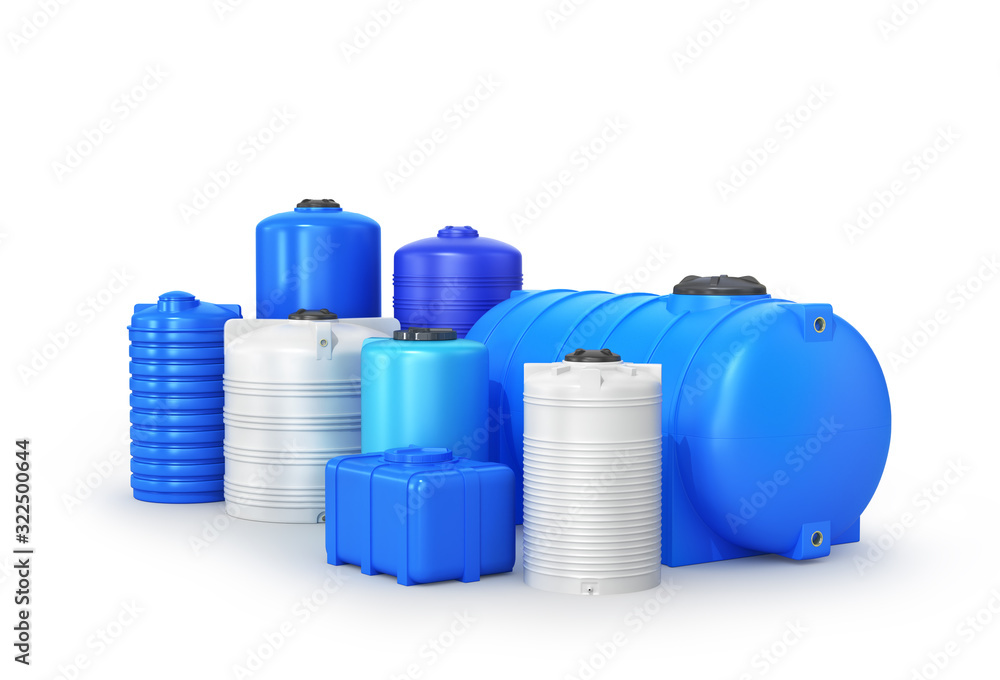  types of plastic water storage tank. 3D illustration - obrazy, fototapety, plakaty 