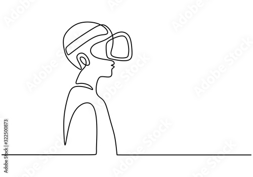 Children with virtual reality glasses, continuous one line drawing. Vector illustration minimalism design.