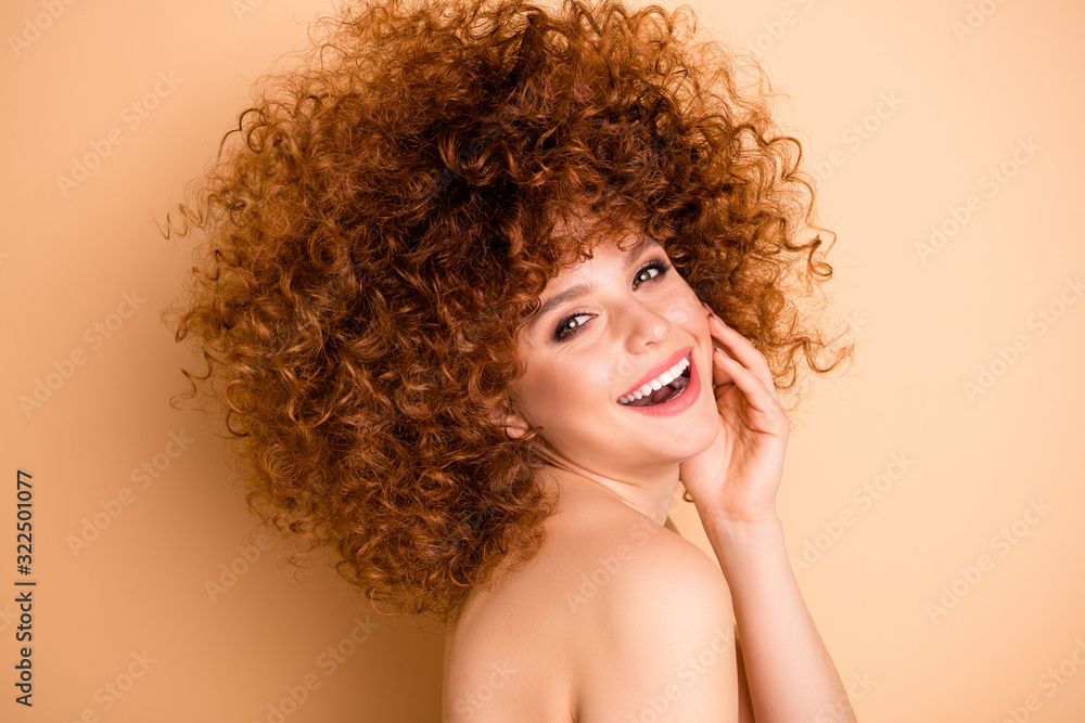 Close up side profile photo foxy beautiful she her wear no clothes nude lady touch facial ideal skin condition salon stylist curls perms roller curlers tint wellness isolated beige pastel background Close up side profile photo foxy beautiful she her wear no clothes nude lady touch facial ideal skin condition salon stylist curls perms roller curlers tint wellness isolated beige pastel background