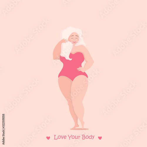  Happy pose  plus size girl. Happy body positive.