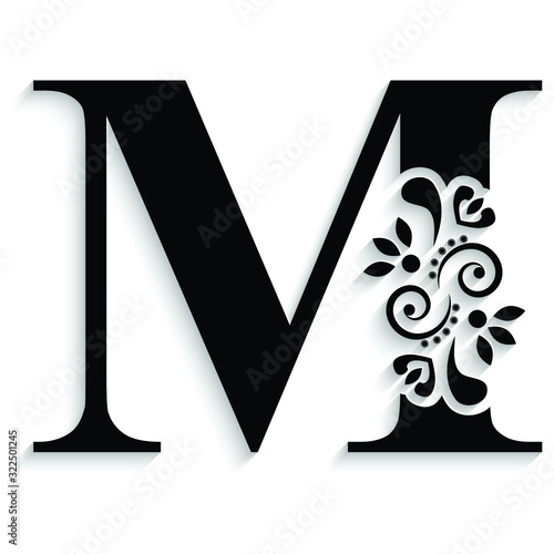 letter M. Black flower alphabet.  Beautiful capital letter with shadow