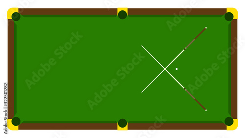 Realistic illustration with pool billiard on table. Pool billiards tournament announcement poster with billiard cue on green table. Vector design for billiards championship for sport game players.