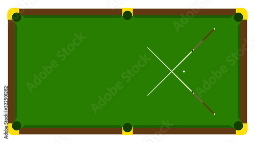 Realistic illustration with pool billiard on table. Pool billiards tournament announcement poster with billiard cue on green table. Vector design for billiards championship for sport game players.