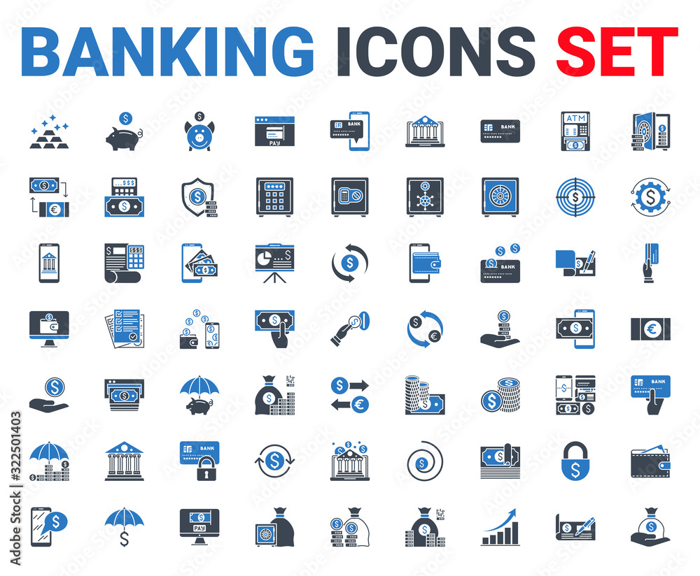 Set banking icons glyph. For concepts and web apps