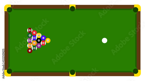 Realistic illustration with pool billiard on green table. Pool billiards tournament announcement poster of color balls on green table. Vector design for billiards championship for sport game players.