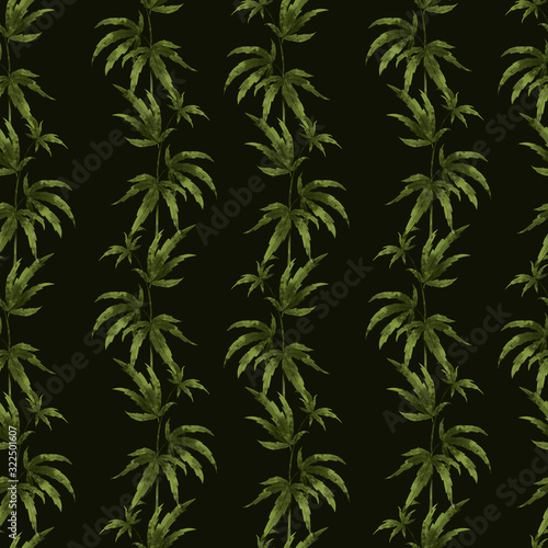 Digital illustration of beauty trending seamless pattern of green juicy hemp leaves on a dark background. Print for fabrics, packaging, posters, banners, medical and beauty industry.
