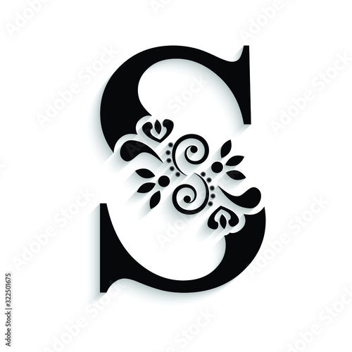 letter S. Black flower alphabet.  Beautiful capital letters with shadow