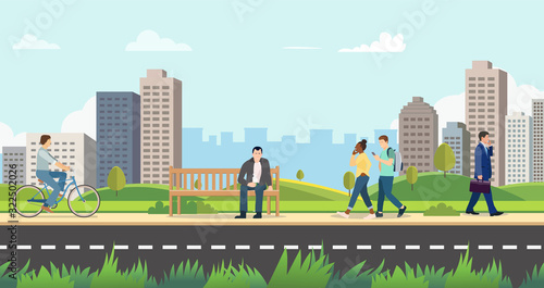 People in public park with cityscape background.Nature landscsape with activity person.Modern city with people on street.Vector illustration