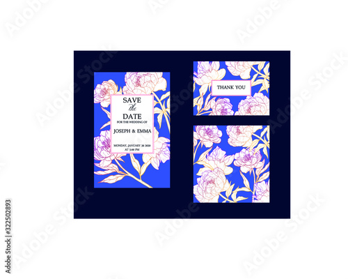 Vintage set of wedding invitation  elegant vector peony  blue background. Place for your text.