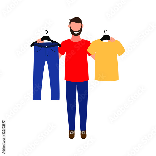 A man chooses clothes. Boy trying on clothes. Vector illustration.