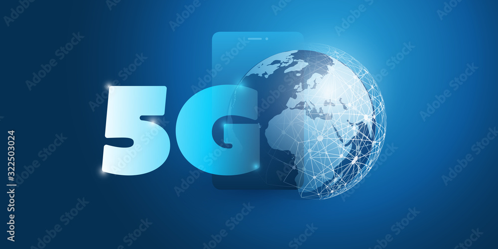 5G Network Label with Smart Phone and Earth Globe - Futuristic High Speed, Broadband Mobile Telecommunication and Wireless Internet Design Concept 5G Network Label with Smart Phone and Earth Globe - Futuristic High Speed, Broadband Mobile Telecommunication and Wireless Internet Design Concept