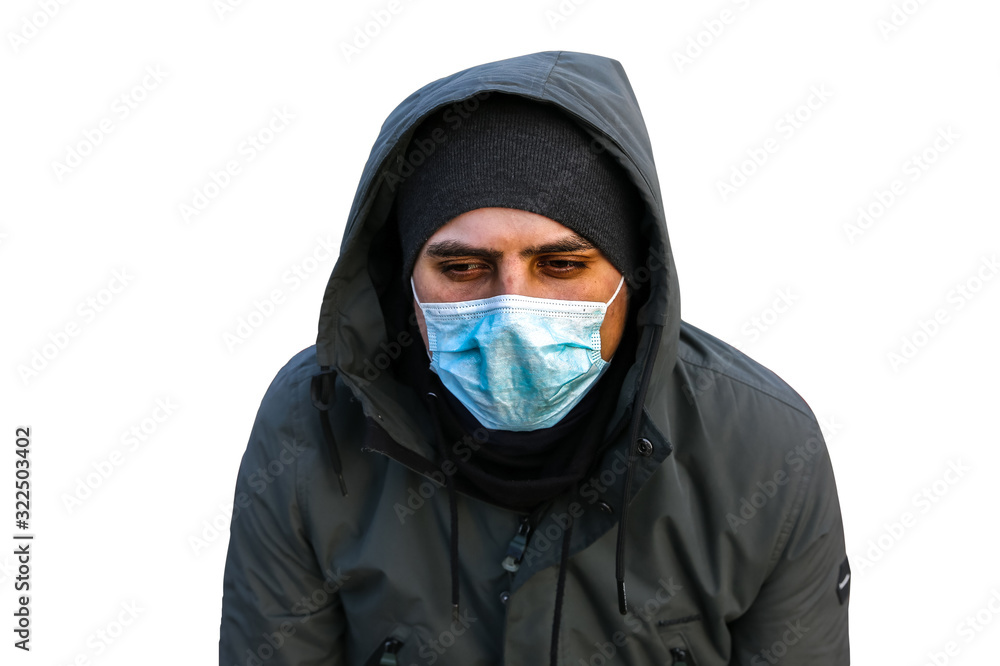 Epidemic virus. Man in mask coughing. Isolated on white background. Dangerous flu strain cases. Pandemic disease. Health problem concept.