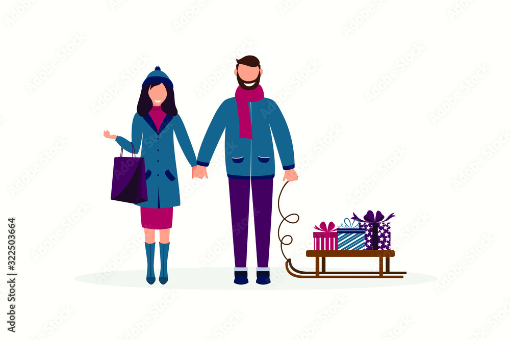 Girl and boy with purchases in handbags after visit to shopping mall. Winter season. Vector Illustration. Girl and boy with purchases in handbags after visit to shopping mall. Winter season. Vector Illustration.