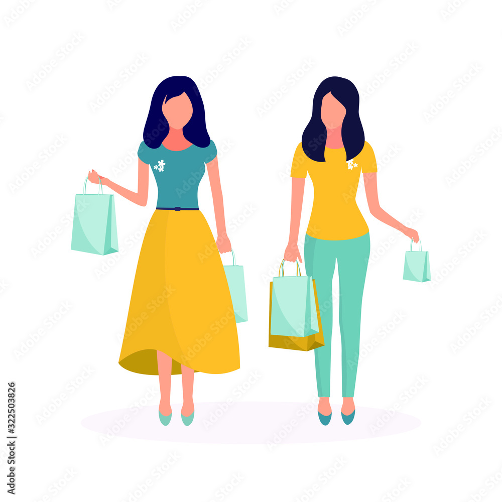 Women with shopping bags shop. Isolated flat vector illustration on white background. Women with shopping bags shop. Isolated flat vector illustration on white background.