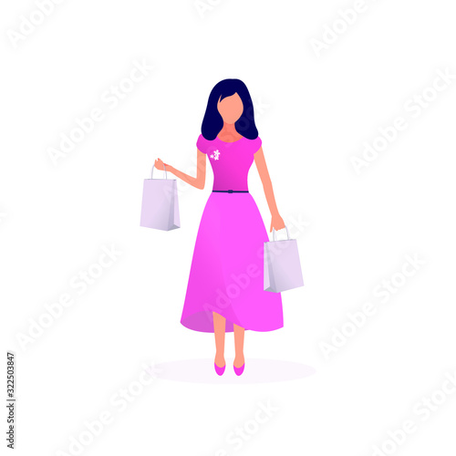 Woman with shopping bags shop. Isolated flat vector illustration on white background.