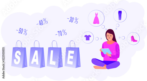 M commerce discount money saving illustration with girl shopping online