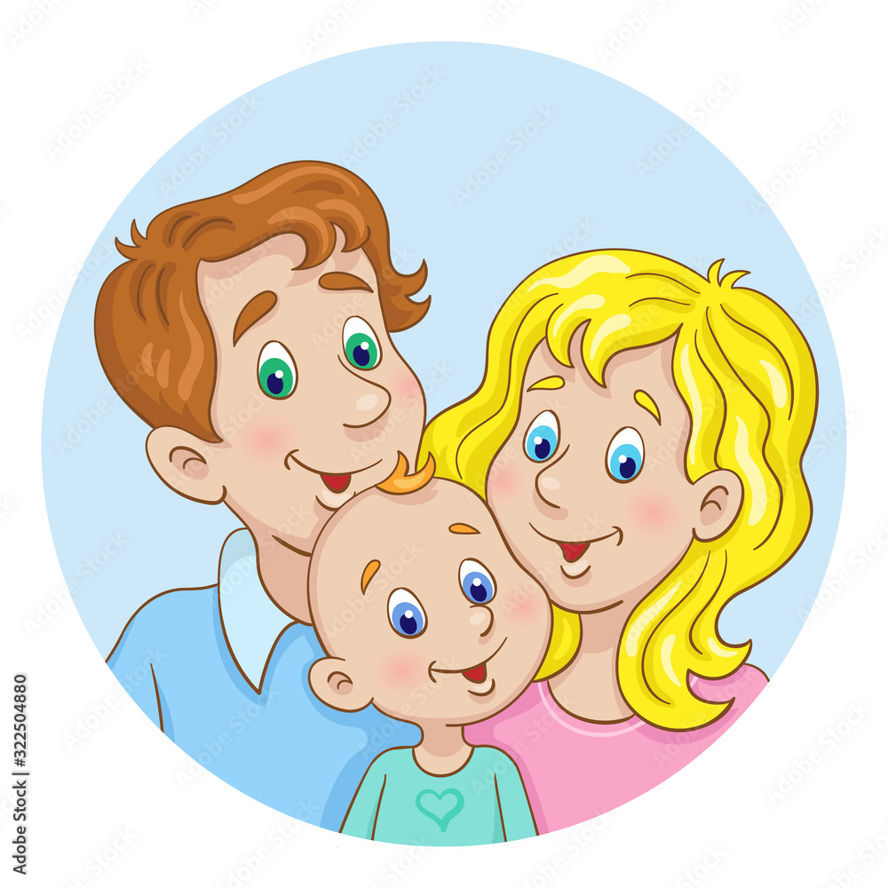 Portrait of a young happy family - mother, father and little baby. Avatar icon in the circle. In cartoon style. Isolated on white background. Vector illustration. Portrait of a young happy family - mother, father and little baby. Avatar icon in the circle. In cartoon style. Isolated on white background. Vector illustration.