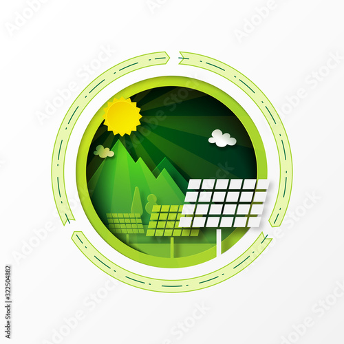 Paper art of green ecology and solar power energy for sustainable resources conservation environment concept.Vector illustration.