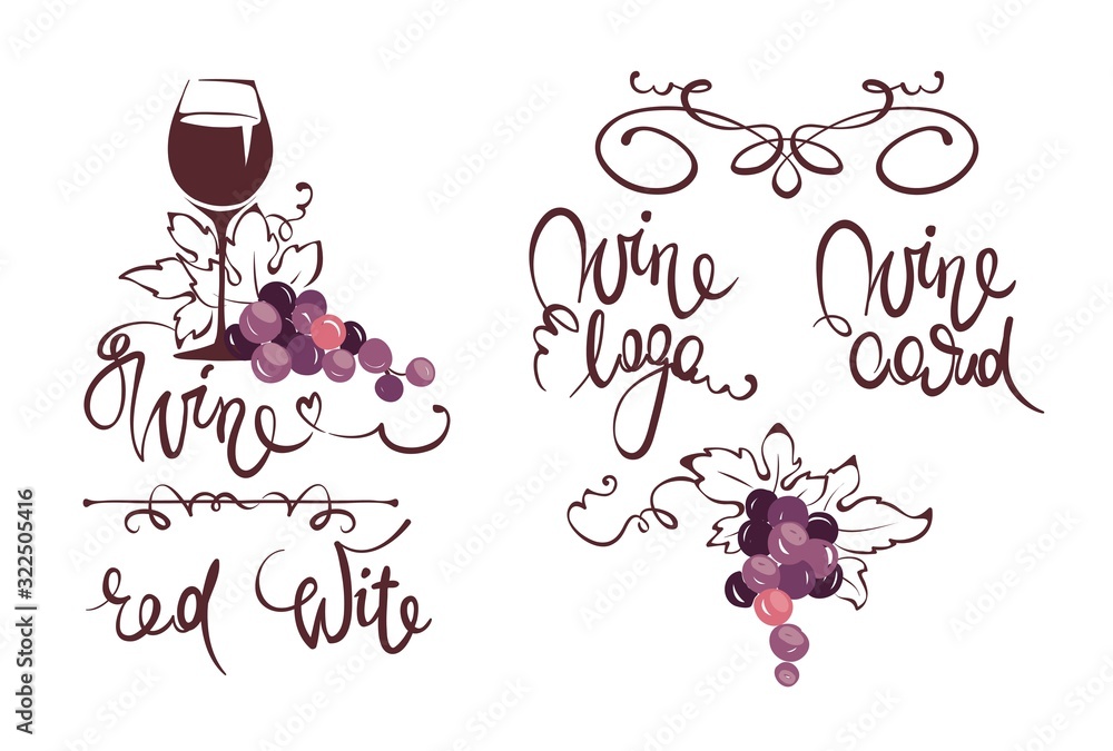 Collection design element -- Wine title / Set vector illustrations with grape and calligraphy