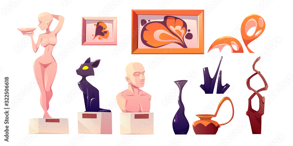 Modern art for museum exposition. Vector cartoon set of gallery exhibits, abstract paintings, sculptures and statue. Contemporary artworks isolated on white background Modern art for museum exposition. Vector cartoon set of gallery exhibits, abstract paintings, sculptures and statue. Contemporary artworks isolated on white background