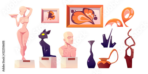 Modern art for museum exposition. Vector cartoon set of gallery exhibits, abstract paintings, sculptures and statue. Contemporary artworks isolated on white background