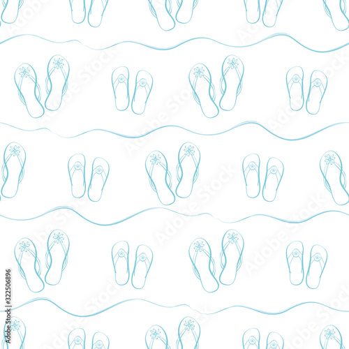 Vector flip flop shoe seamless vector pattern. Hand drawn line art style waves and sandals in aqua blue and white. Subtle beach sand background. Summer vacation and beach holiday concept