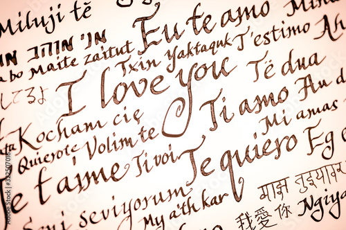 Handmade Valentine's Day message handwritten in calligraphy in many languages. Translation: I love You