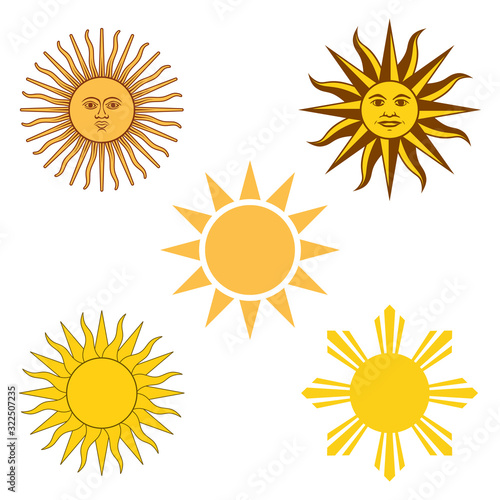 Yellow sun, icon set. Vector illustration on white background.