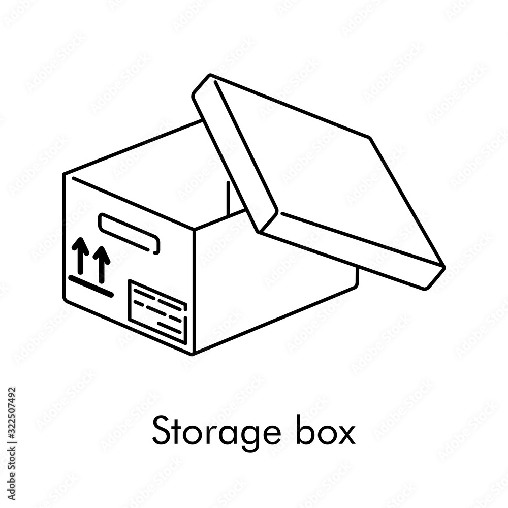 Caja de almacenaje. Icono plano lineal caja de cartón abierta isométrica en color negro Caja de almacenaje. Icono plano lineal caja de cartón abierta isométrica en color negro