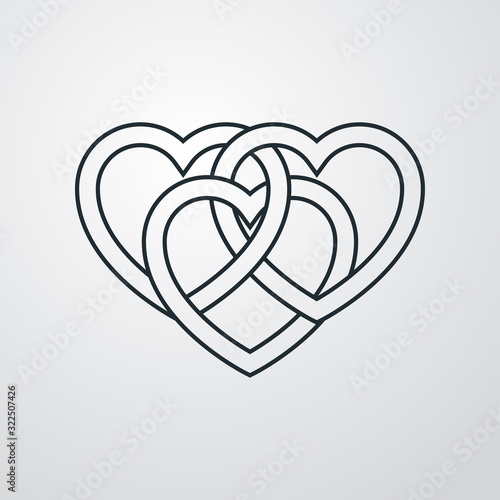 Símbolo de amor eterno. Icono plano lineal 3 corazones enlazados en fondo gris