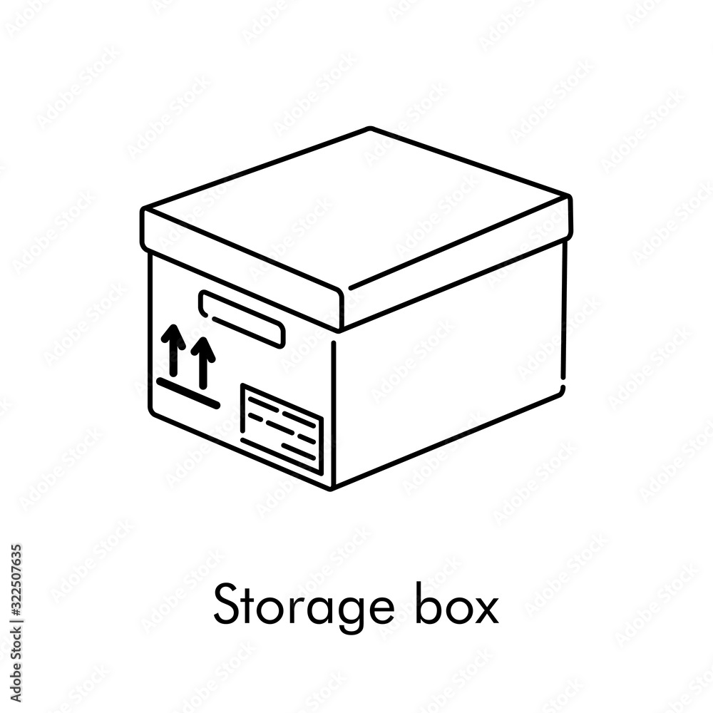 Caja de almacenaje. Icono plano lineal caja de cartón isométrica en color negro Caja de almacenaje. Icono plano lineal caja de cartón isométrica en color negro