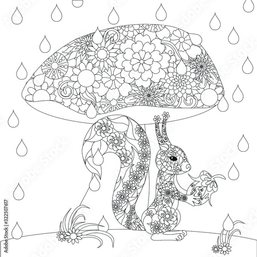Squirrel and mushroom doodle coloring book. Monochrome decorative ornamental coloring page for adult, for kinder art design stock vector illustration for web, for print