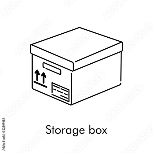 Caja de almacenaje. Icono plano lineal caja de cartón isométrica en color negro