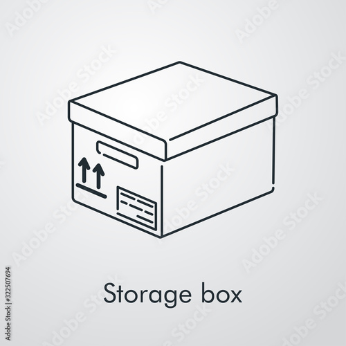 Caja de almacenaje. Icono plano lineal caja de cartón isométrica en fondo gris