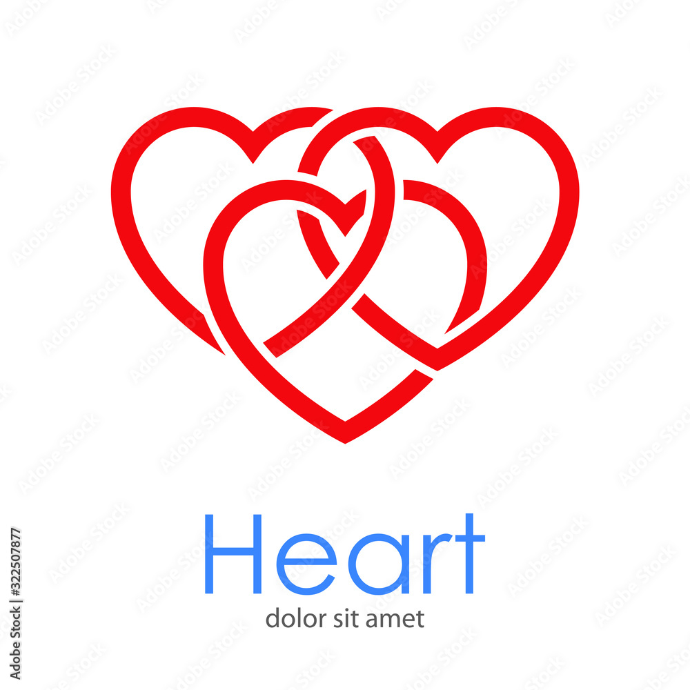 Símbolo de amor eterno. Logotipo con texto Heart con 3 corazones enlazados en color rojo Símbolo de amor eterno. Logotipo con texto Heart con 3 corazones enlazados en color rojo