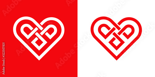 Símbolo de amor eterno. Icono lineal con corazón enlazado como nudo en fondo rojo y fondo blanco