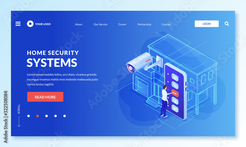 Smart home security system concept. Vector 3d isometric illustration. Man controls CCTV camera through smartphone