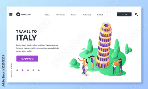 Travel to Italy vector 3d isometric illustration. Tourists make selfie photo on background of the Leaning Tower of Pisa