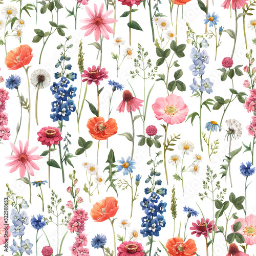 Beautiful vector floral summer seamless pattern with watercolor hand drawn field wild flowers Poster Mural XXL