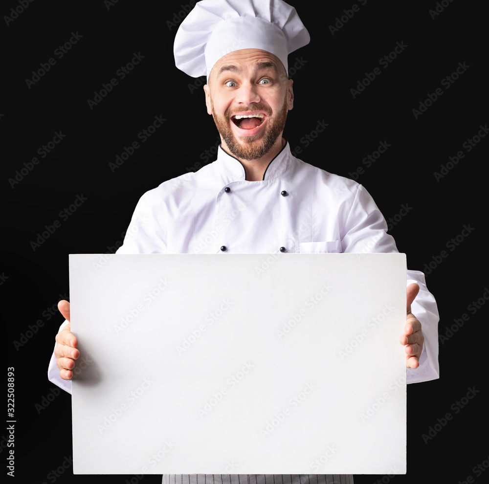 Excited Cook Guy Holding White Board Standing Over Black Background Excited Cook Guy Holding White Board Standing Over Black Background