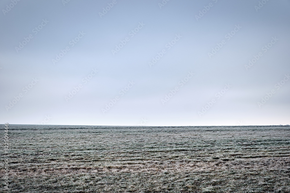 Obraz premium Cold abstract landscape shot in the countryside with frozen meadow in the foreground and grey sky with high fog in the background. Seen in Bavaria, Germany in January