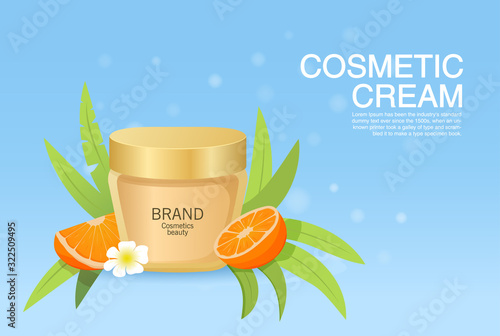 Cosmetics beauty.Premium orange cream skin care.Template for design banner.Mock up of cosmetic package. Tropical palm leaves citrus fruit slice.Flat vector.Jar with golden lid natural cosmetics.